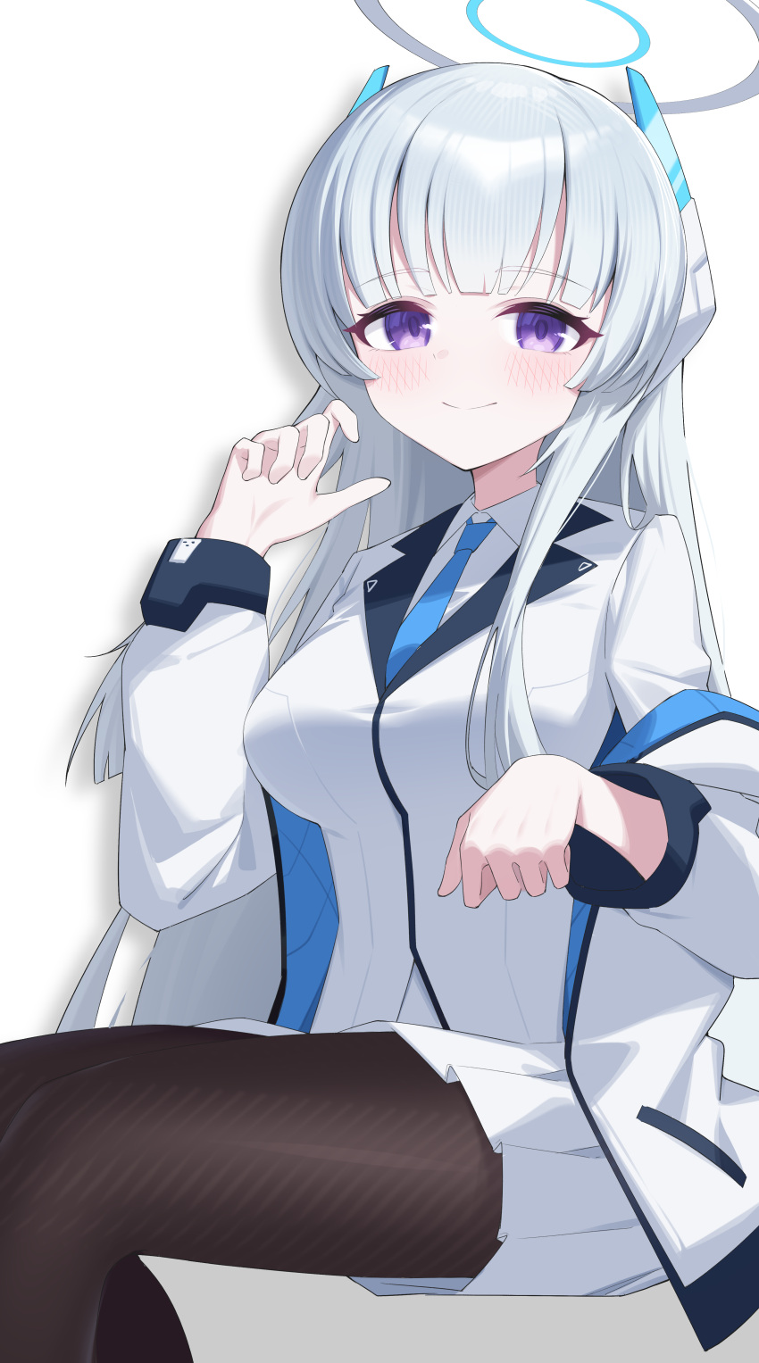 1girl, absurdres, black_pantyhose, blue_archive, blue_necktie, closed_mouth, collared_shirt, commentary