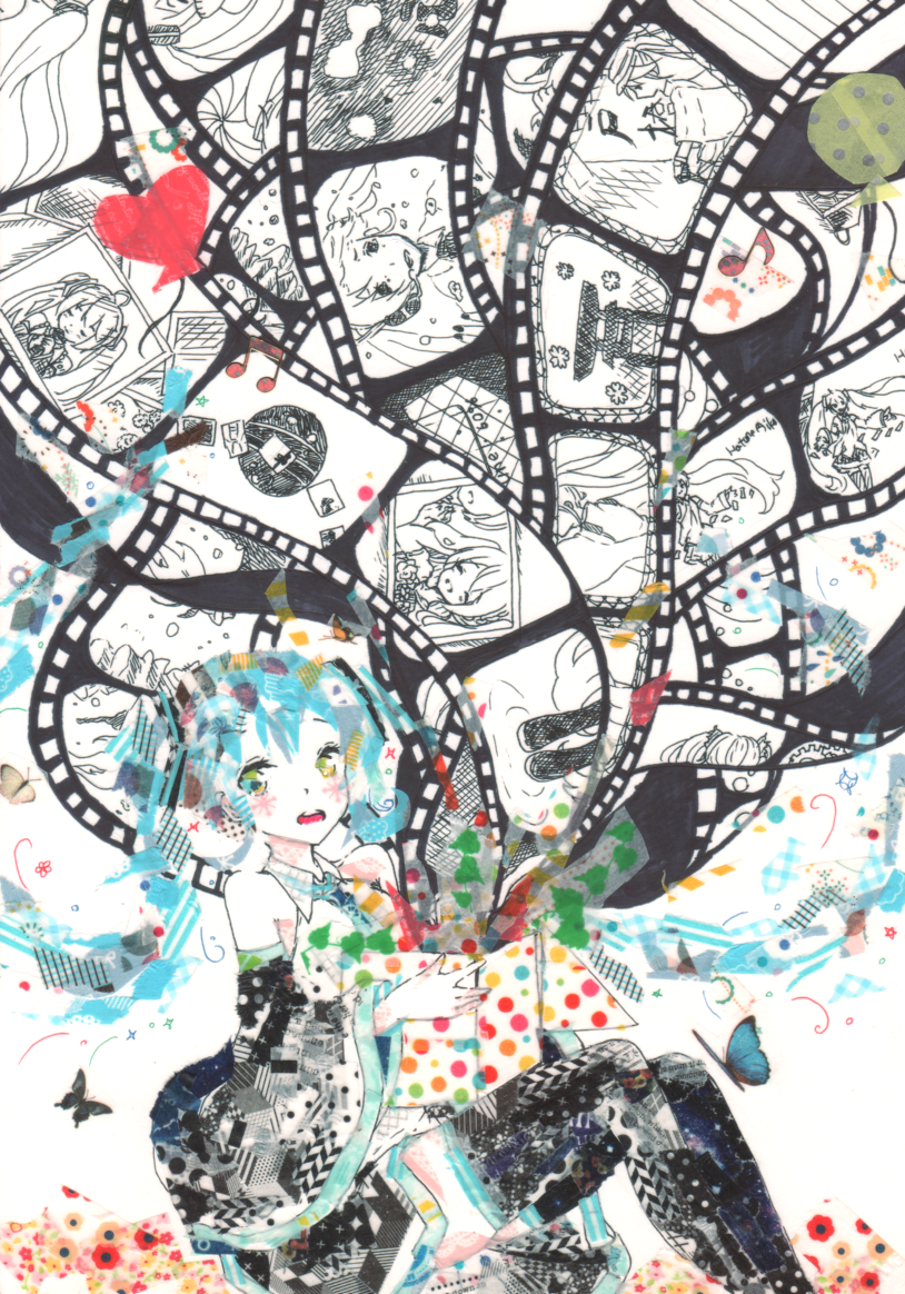 1girl, 39_(vocaloid), abstract, aqua_necktie, balloon, bare_shoulders, beamed_eighth_notes, black_skirt