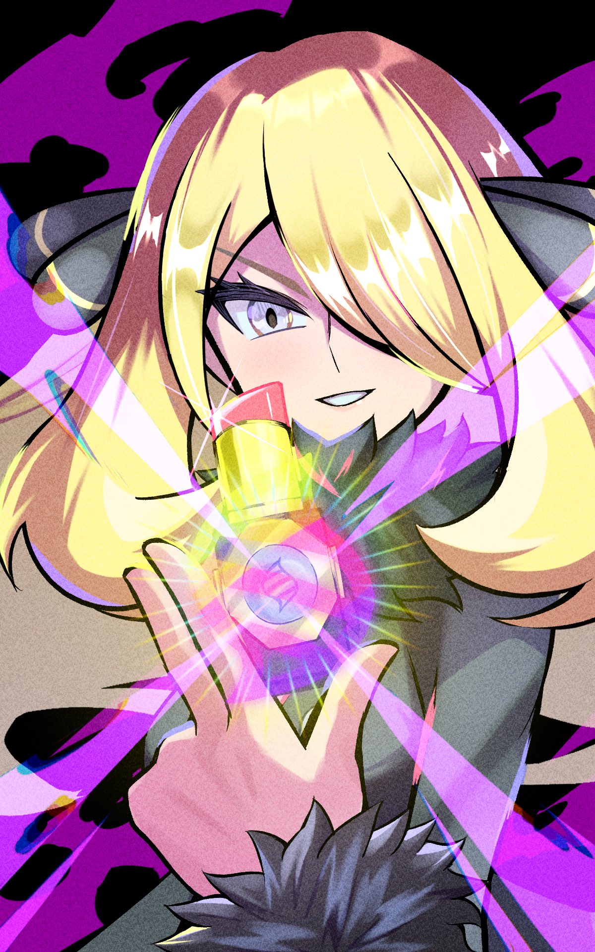 1girl, black_background, black_coat, blonde_hair, coat, cosmetics, cynthia_(pokemon), grey_eyes