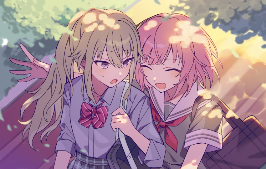 2girls, :o, ^_^, arm_at_side, bag, bench, black_bag, blue_shirt