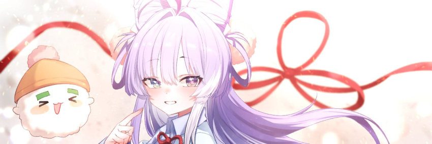 1girl, ahoge, blue_eyes, blush, cone_hair_bun, eggduck0530, hair_bun, hair_ornament, hair_rings, heterochromia, inari_(tenko_shibuki), long_hair, looking_at_viewer, pom_pom_(clothes), pom_pom_hair_ornament, purple_hair, stellive, tenko_shibuki, virtual_youtuber