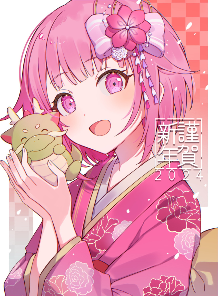 1girl, 2024, blunt_ends, blush, bob_cut, checkered_background, choppy_bangs, dot_nose