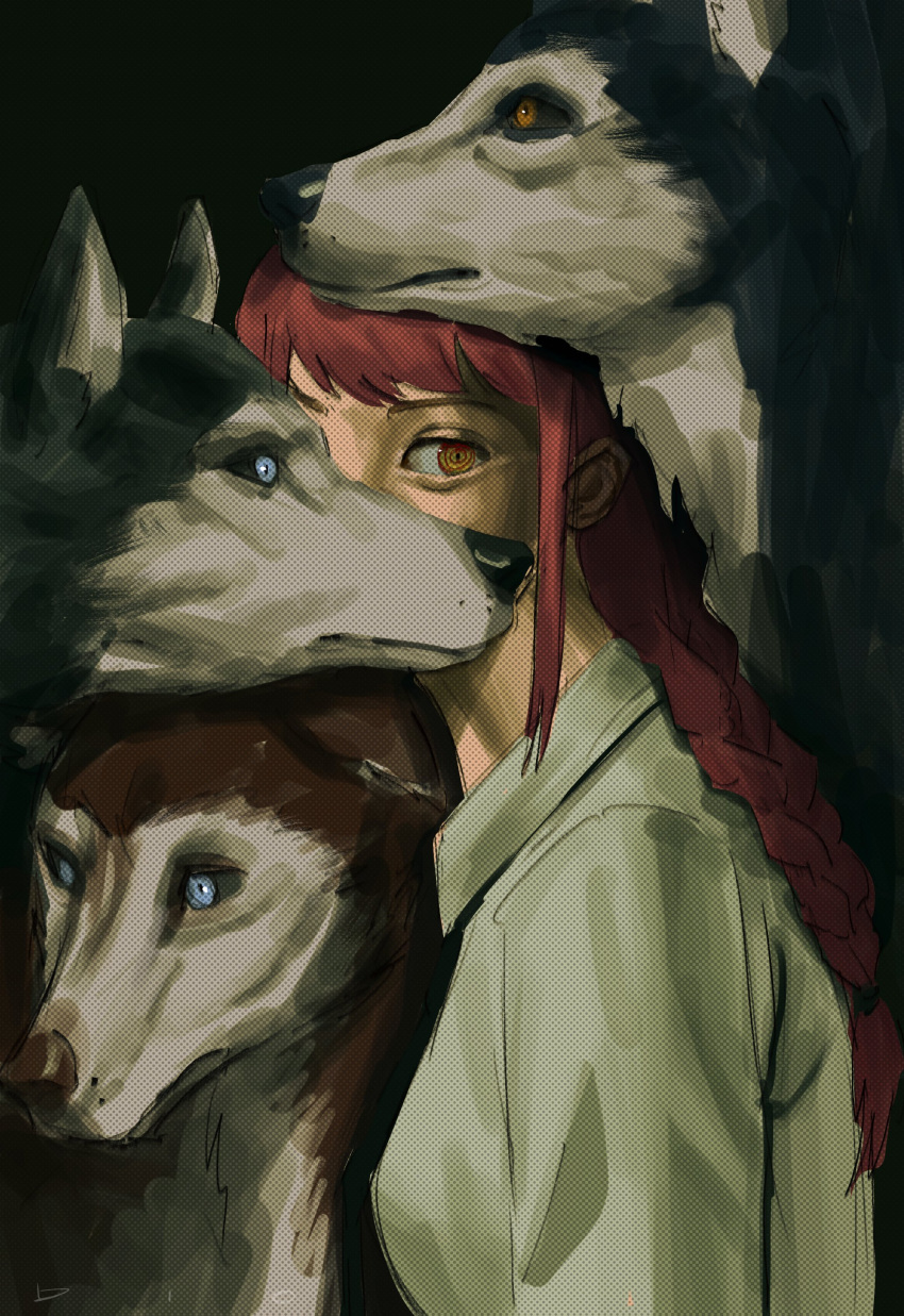 1girl, absurdres, arondiolex, braid, braided_ponytail, chainsaw_man, collared_shirt, demon_girl, dog, formal_clothes, highres, husky, makima_(chainsaw_man), ringed_eyes, shirt, single_braid, solo, white_shirt, yellow_eyes