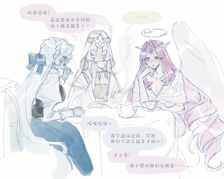 3girls, blue_skin, colored_skin, cookie_run, dress, eternal_sugar_cookie, highres, long_hair