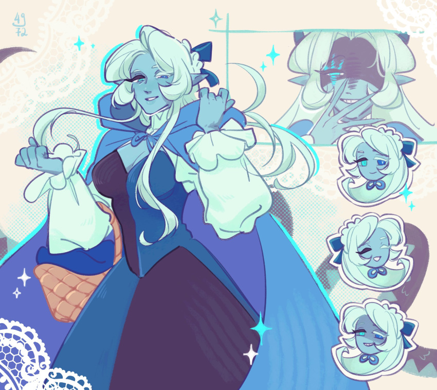 1girl, blue_dress, blue_skin, breasts, colored_skin, cookie_run, cookie_run:_kingdom, dress