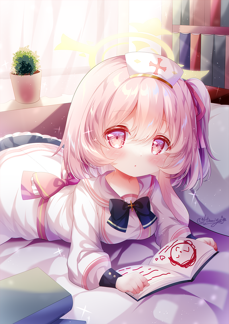 1girl, blue_archive, blue_bow, blue_bowtie, book, bookshelf, bow, bowtie, breasts, commentary_request, curtains, doodle_sensei_(blue_archive), dress, hair_between_eyes, hair_ribbon, hamiyamiko, hat, heart, one_side_up, open_book, partial_commentary, pink_eyes, pink_hair, plant, potted_plant, red_ribbon, ribbon, sensei_(blue_archive), serina_(blue_archive), signature, solo, white_dress, white_hat