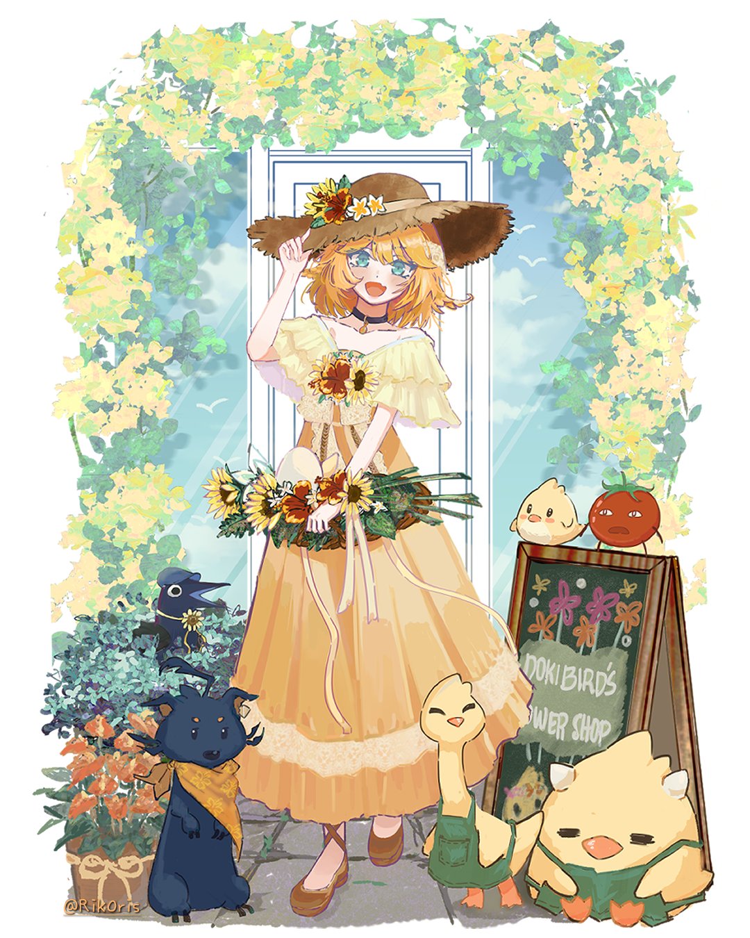 :d, alternate_costume, apron, aqua_eyes, black_choker, blonde_hair, brown_hat, brown_shoes, choker, doki_amber_doge_(dokibird), dokibird_(vtuber), dokibird_(vtuber)_(crowki), dokibird_(vtuber)_(tomato), dragoon_(dokibird), dress, flower, full_body, green_apron, hat, highres, indie_virtual_youtuber, long_dress, looking_at_viewer, open_mouth, riko_(aemirrrrr), shoes, smile, solo_focus, straw_hat, virtual_youtuber, yellow_dress