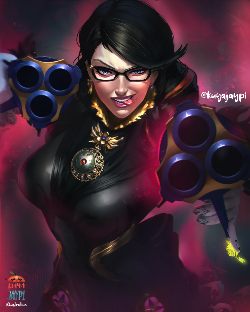 1girl, artist_name, bayonetta, bayonetta_(series), bayonetta_3, black_hair, blue_eyes, breasts