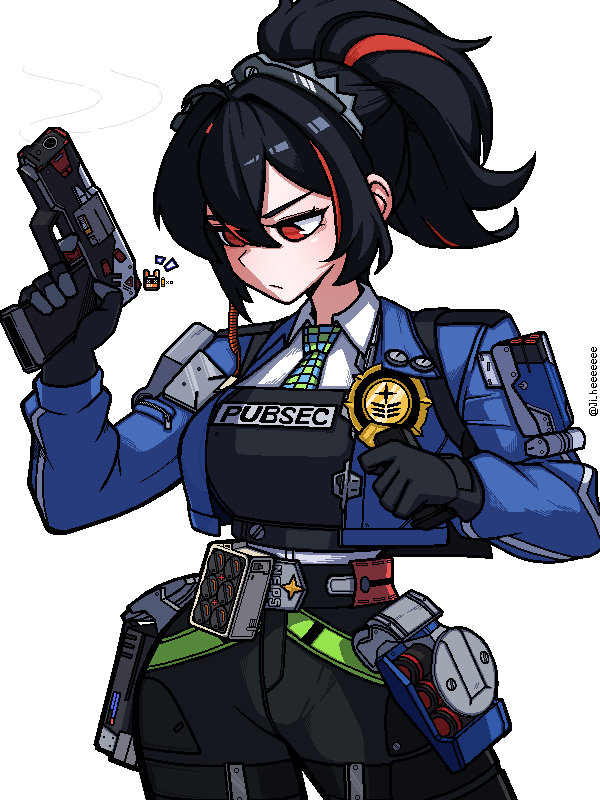 1girl, black_gloves, black_hair, blue_jacket, breasts, checkered_necktie, gloves, gun