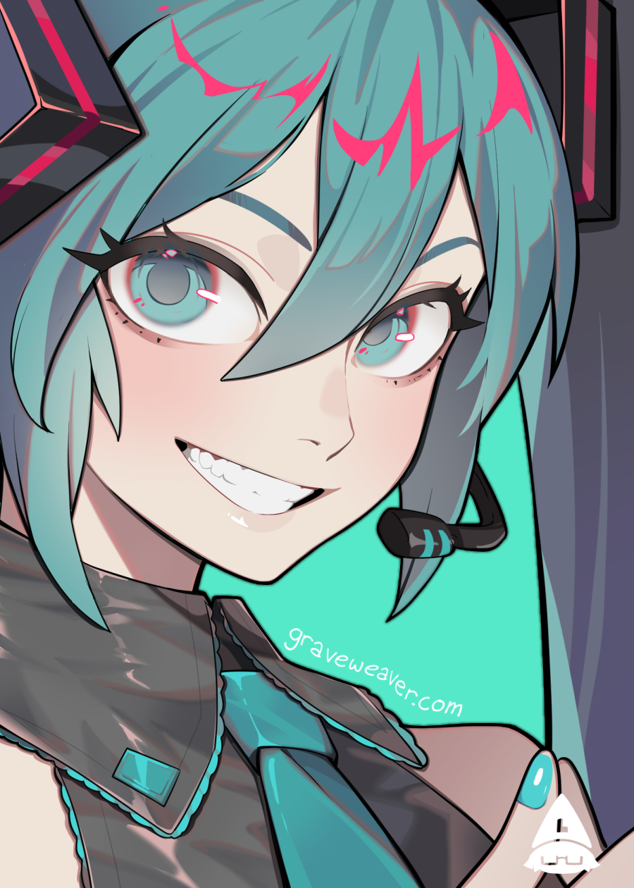 1girl, blue_background, blue_eyes, blue_hair, blue_nails, blue_necktie, blush, collared_shirt, graveweaver, grey_shirt, grin, hatsune_miku, headset, highres, long_hair, looking_at_viewer, necktie, parted_lips, shirt, simple_background, sleeveless, sleeveless_shirt, smile, solo, teeth, twintails, vocaloid
