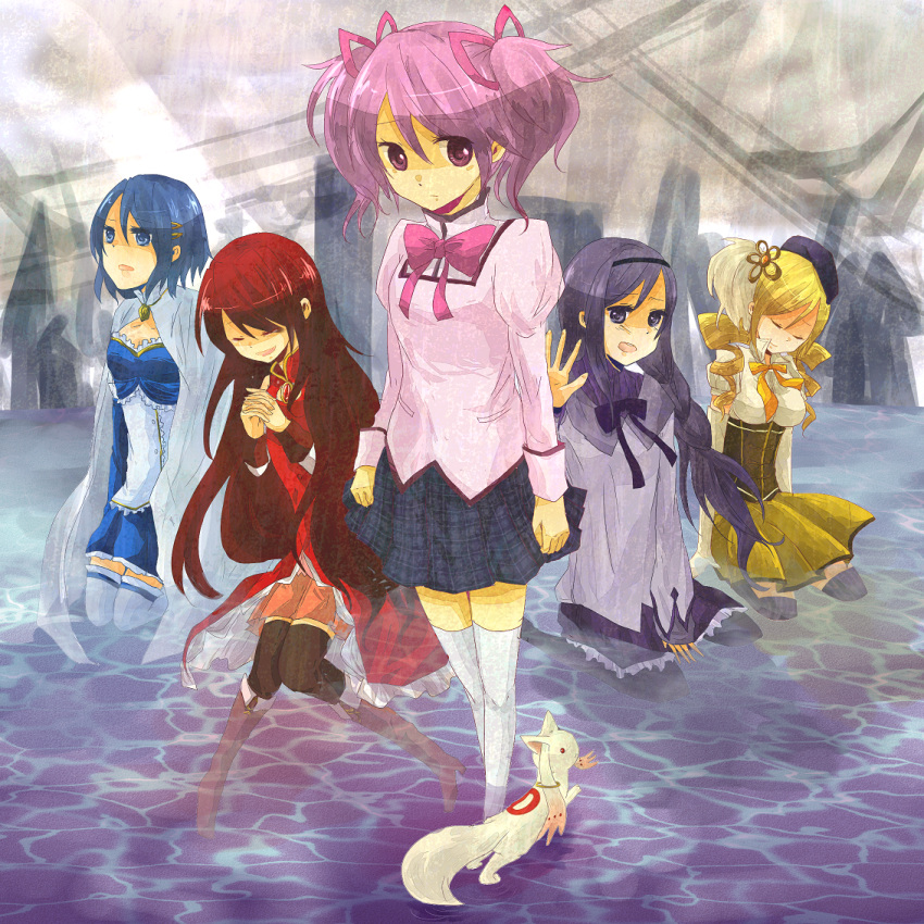 akemi_homura, bad_id, black_hair, blonde_hair, blue_hair, braid, breasts, cape, closed_eyes, drill_hair, eyes_closed, frills, hair_ornament, hair_ribbon, hairband, hairclip, hands_clasped, kaname_madoka, kneeling, kyubey, long_hair, magical_girl, mahou_shoujo_madoka_magica, miki_sayaka, multiple_girls, pantyhose, pink_eyes, pink_hair, plaid, plaid_skirt, pleated_skirt, red_hair, redhead, ribbon, sakura_kyouko, school_uniform, shirona, short_hair, short_twintails, skirt, tartan, thigh-highs, thighhighs, tomoe_mami, twintails, water
