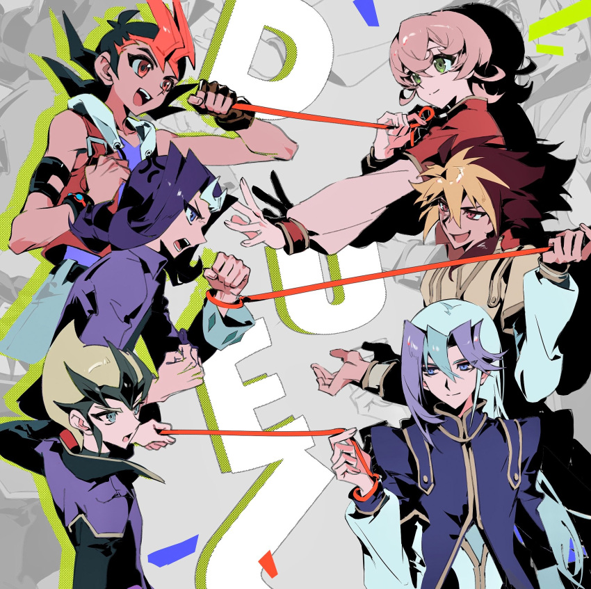 6+boys, anger_vein, annoyed, bare_shoulders, black_gloves, black_hair, blonde_hair, blue_eyes