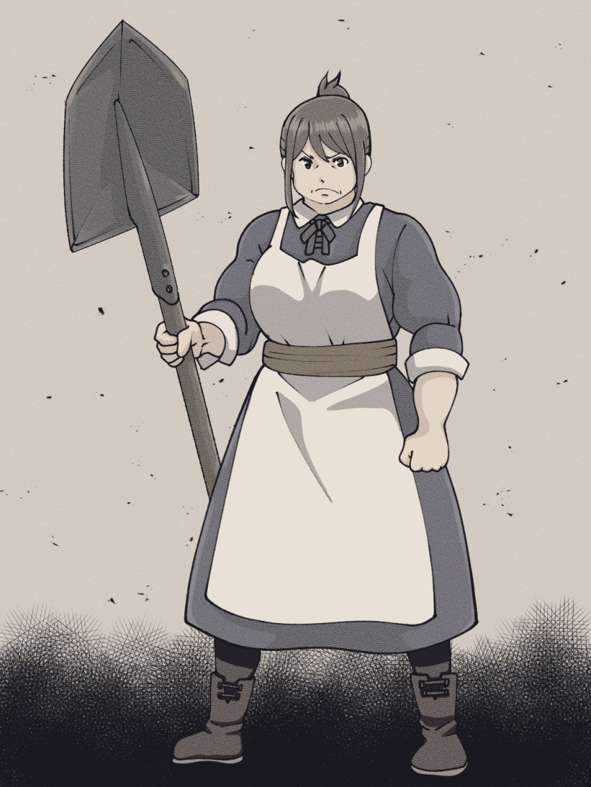 1girl, a-king, apron, boots, brown_hair, clenched_hand, dress, dungeon_ni_deai_wo_motomeru_no_wa_machigatteiru_darou_ka, frown, full_body, grey_dress, highres, holding, holding_shovel, mia_grand, shovel, solo, standing