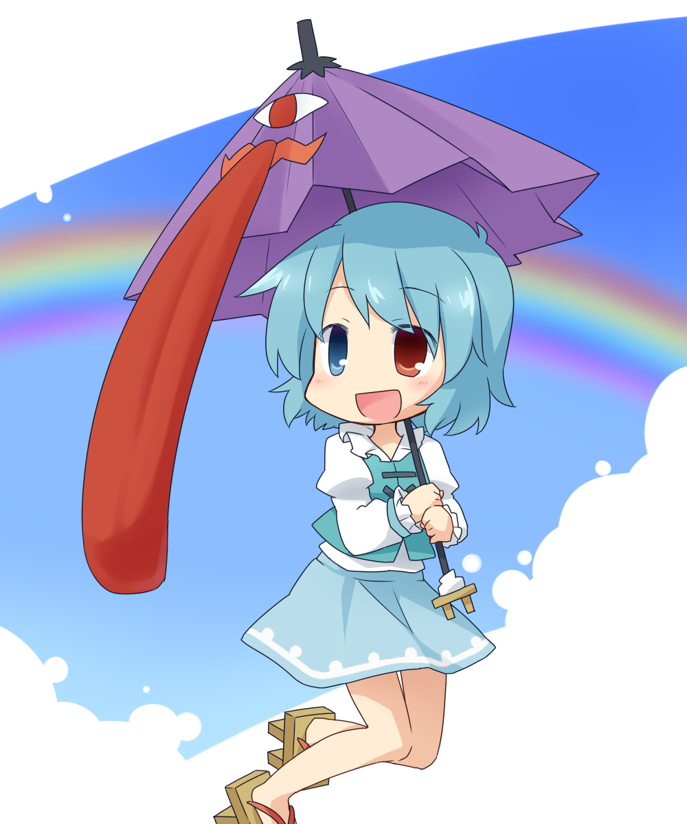 blue_eyes, blue_hair, chibi, geta, heterochromia, highres, huge_tongue, karakasa_obake