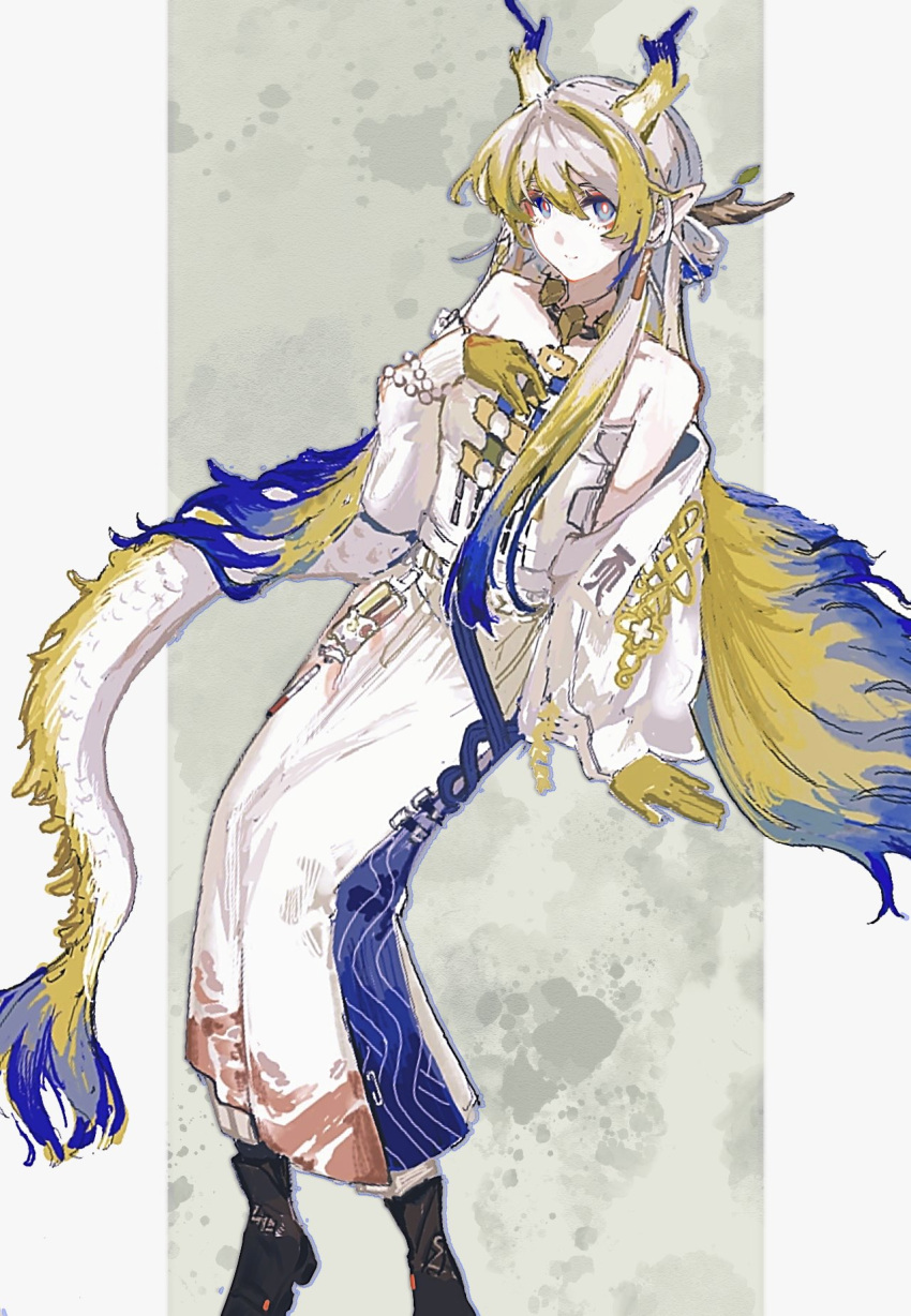 1girl, arknights, bare_shoulders, black_shoes, blonde_hair, blue_eyes, blue_hair, closed_mouth, dragon_girl, dragon_horn, dragon_tail, gloves, grey_hair, harume_neko, highres, long_hair, looking_at_viewer, multicolored_hair, pointy_ears, shoes, shu_(arknights), sitting, solo, strapless, tail, tube_top, white_tube_top, yellow_gloves