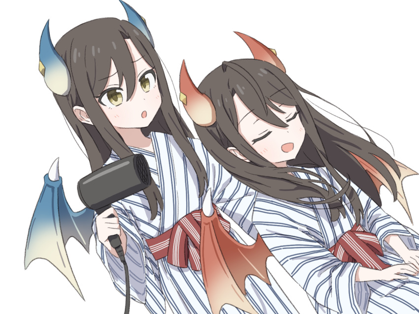2girls, black_hair, blue_horns, blue_wings, dragon_girl, dragon_horns, dragon_wings, fujiyama_(yellow)