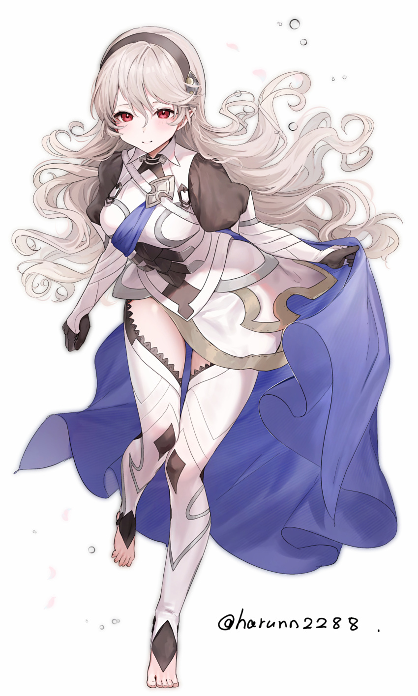 1girl, armor, armored_leotard, barefoot, black_hairband, blue_cape, breasts, cape