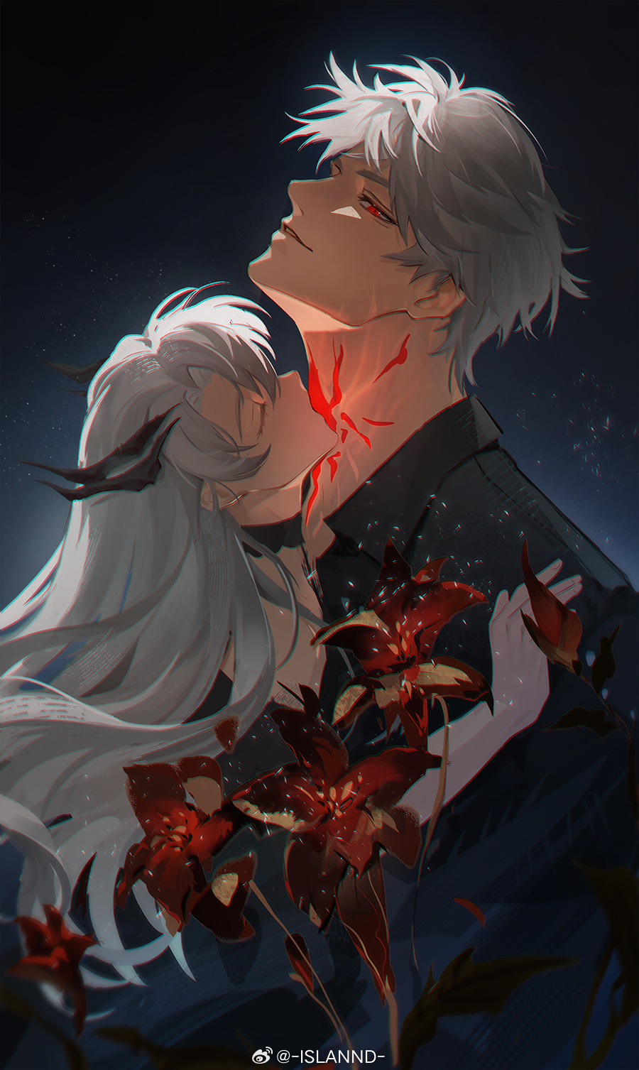 1boy, 1girl, calla10, choker, closed_eyes, couple, eyelashes, flower
