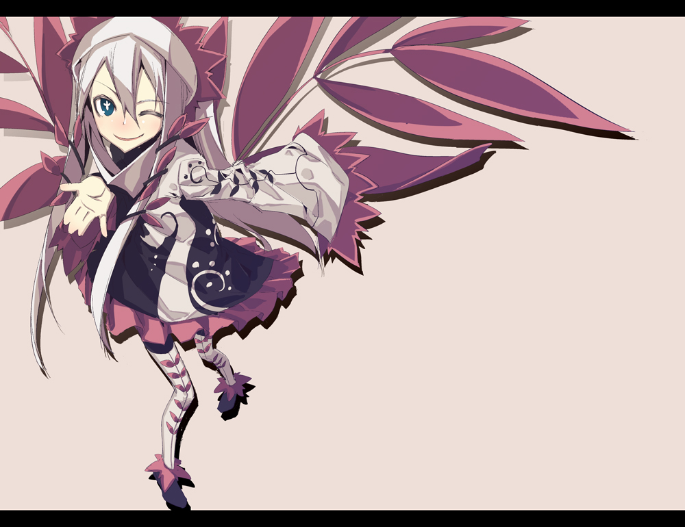 long_hair, mistelteinn, shigure_(crimsonlover), smile, solo, symbol-shaped_pupils, white_hair, yumekui_merry