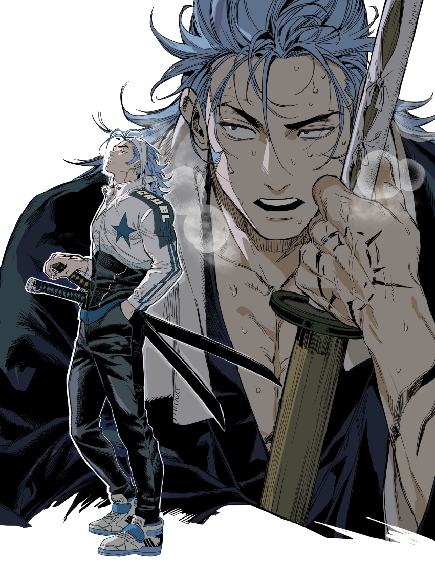 1boy, absurdres, bandana, black_jacket, black_pants, blue_hair, closed_mouth, dogho31, english_text, full_body, hand_in_pocket, heavy_breathing, highres, holding, holding_sword, holding_weapon, jacket, katana, looking_to_the_side, male_focus, medium_hair, multicolored_hair, multiple_views, muscular, open_mouth, original, pants, pectorals, shoes, simple_background, solo, star_(symbol), sweat, sword, teeth, two-tone_hair, upper_teeth_only, weapon, white_background, white_bandana, white_jacket, white_shoes
