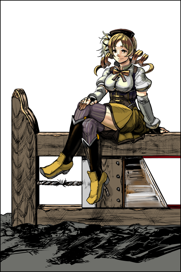 beret, blonde_hair, boots, breasts, corset, crossed_legs, detached_sleeves, drill_hair