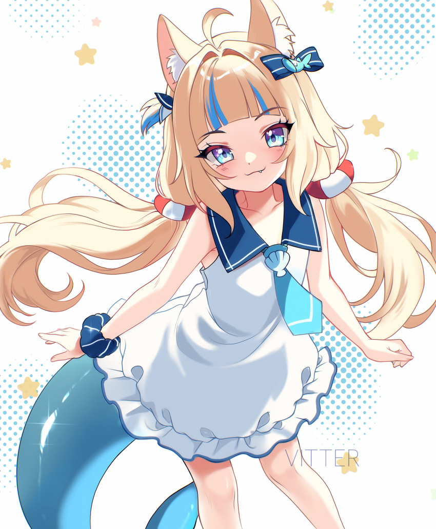 1girl, :3, ahoge, animal_ear_fluff, animal_ears, artist_name, blonde_hair, blue_eyes