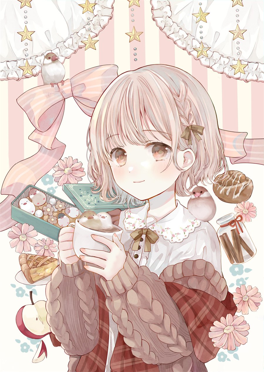 1girl, animal, animal_on_shoulder, apple, arm_scarf, beads, bird, bird_on_shoulder