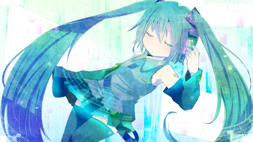 aqua_hair, bad_id, closed_eyes, detached_sleeves, eyes_closed, hatsune_miku, headphones, highres