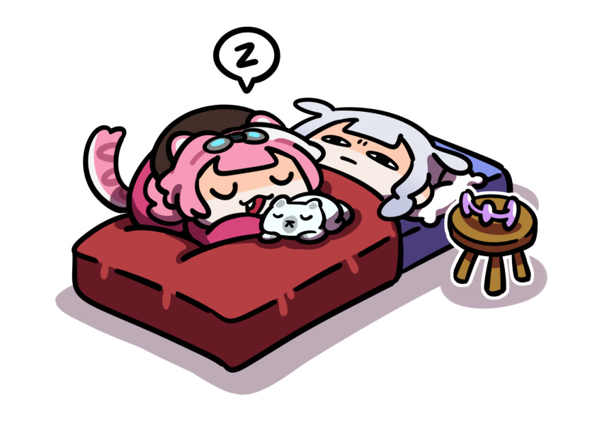 2girls, animal_ears, bed, beret, blanket, cat_on_person, closed_mouth, fang