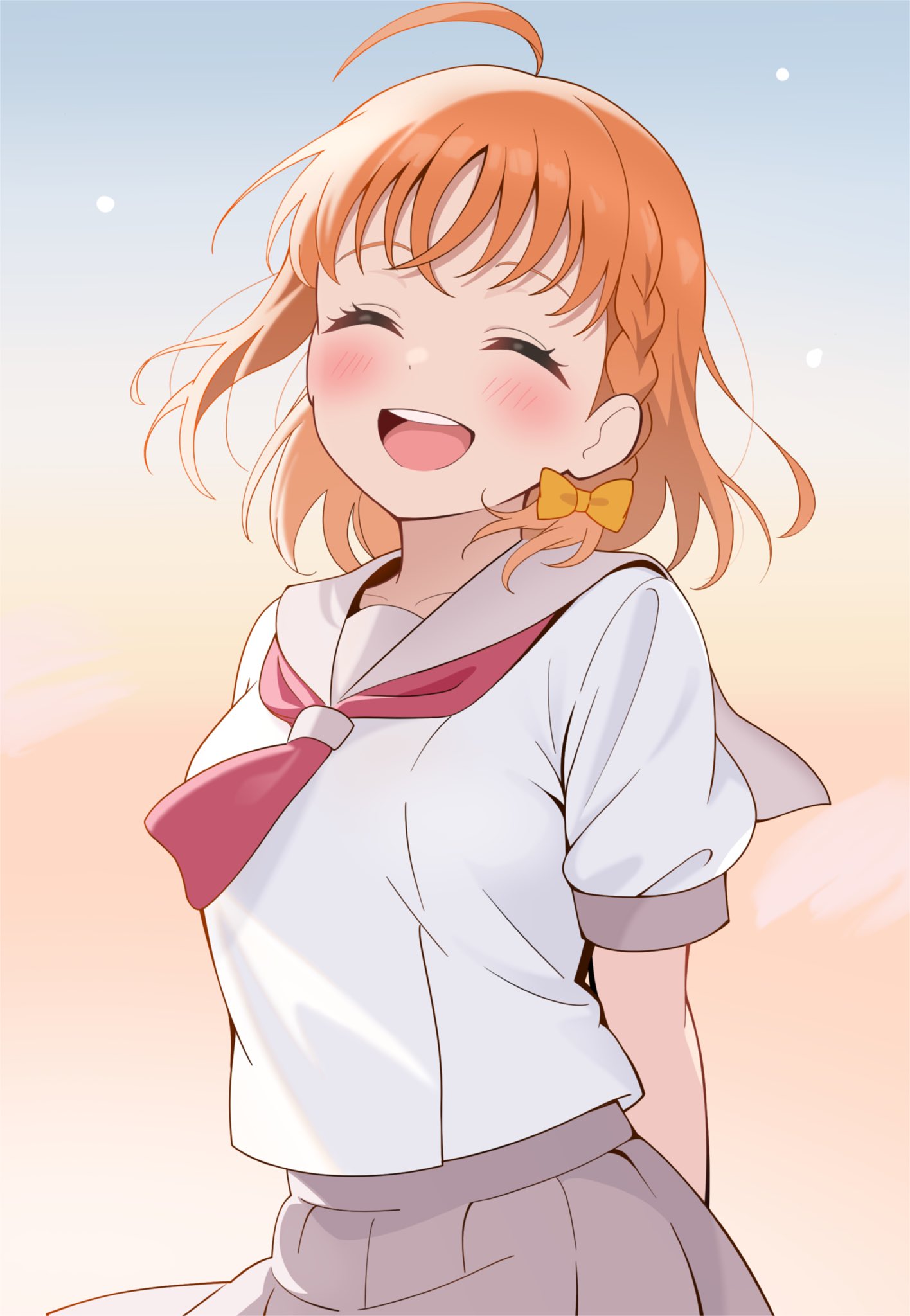 1girl, :d, ^_^, ahoge, blush, braid, breasts, closed_eyes, collarbone, daito_(daitooekakiaka), facing_viewer, grey_sailor_collar, grey_skirt, highres, love_live!, love_live!_sunshine!!, medium_breasts, medium_hair, neckerchief, open_mouth, pleated_skirt, red_neckerchief, sailor_collar, school_uniform, serafuku, shirt, short_sleeves, side_braid, skirt, smile, solo, summer_uniform, takami_chika, teeth, upper_teeth_only, uranohoshi_school_uniform, white_shirt