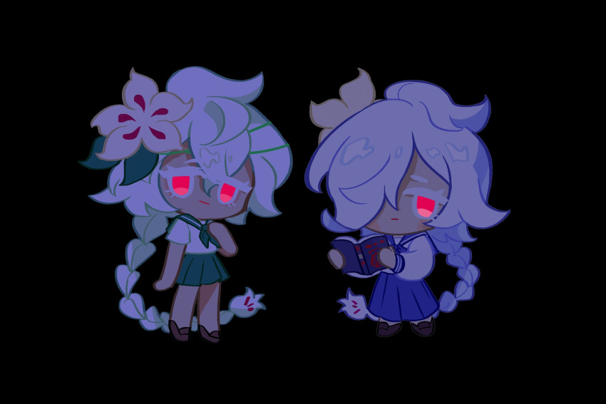 2girls, :|, absurdly_long_hair, aged_down, arm_at_side, black_background, blue_bow, blue_bowtie