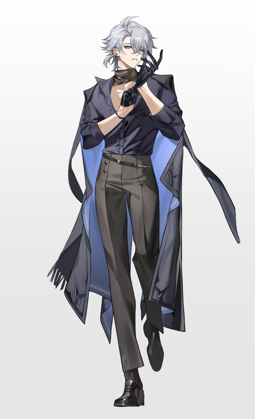 1boy, adjusting_clothes, adjusting_gloves, antenna_hair, black_choker, black_coat, black_gloves, black_pants, black_shirt, black_shoes, blue_eyes, choker, coat, coat_on_shoulders, collared_shirt, earclip, full_body, gloves, half_gloves, hashtag-only_commentary, highres, honkai:_star_rail, honkai_(series), male_focus, miemiebei, official_alternate_costume, pants, parted_bangs, parted_lips, pectoral_cleavage, pectorals, phainon_(fashion)_(honkai:_star_rail), phainon_(honkai:_star_rail), ponytail, shirt, shoes, short_hair, simple_background, solo, white_background, white_hair