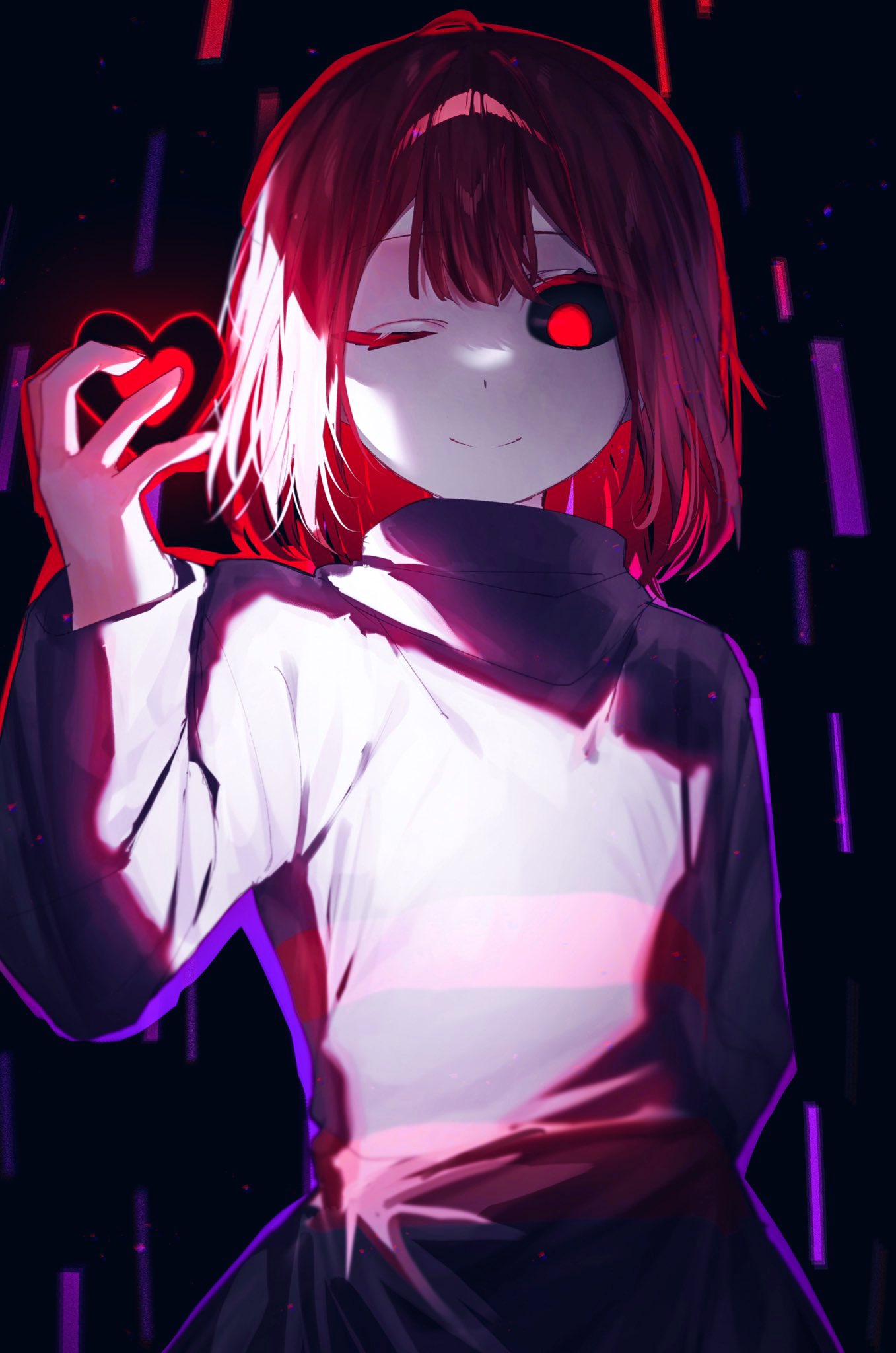 1other, ;), ahoge, alternate_universe, arm_behind_back, black_background, black_sclera, bob_cut