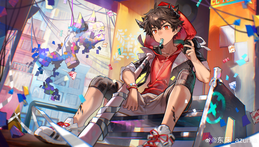 1boy, absurdres, arknights, baseball_bat, black_jacket, candy, chinese_commentary, commentary_request