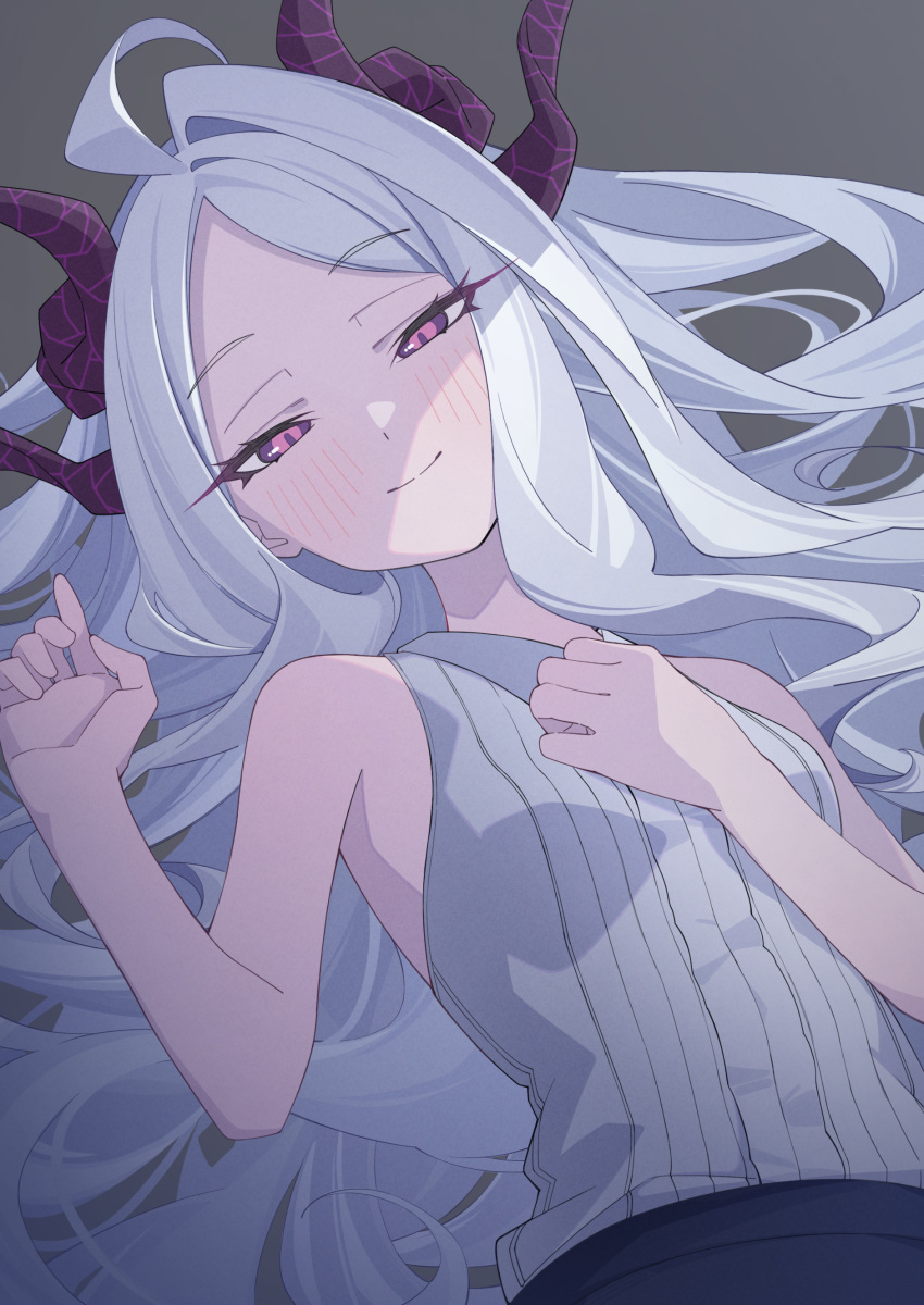 1girl, absurdres, ahoge, black_skirt, blue_archive, blush, collared_shirt, commentary, demon_girl, demon_horns, forehead, grey_background, half-closed_eyes, highres, hina_(blue_archive), horns, kafueore, long_hair, looking_at_viewer, lying, official_alternate_costume, on_back, parted_bangs, pencil_skirt, shirt, sidelocks, simple_background, skirt, sleeveless, sleeveless_shirt, smile, solo, upper_body, violet_eyes, wavy_hair, white_hair, white_shirt