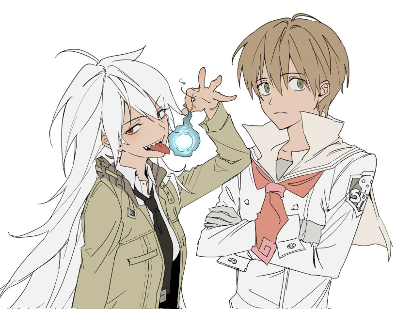 1boy, 1girl, black_necktie, brown_hair, cgvske1003, collared_shirt, crossed_arms, genderswap