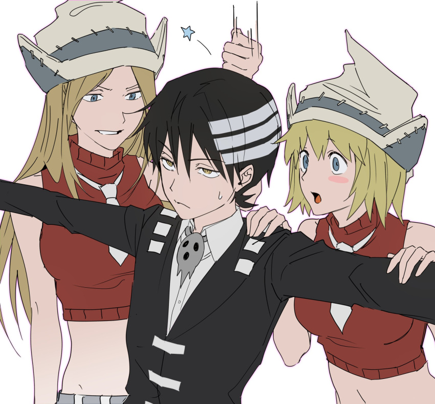 1boy, 2girls, black_hair, black_jacket, blonde_hair, blue_eyes, breasts, cgvske1003