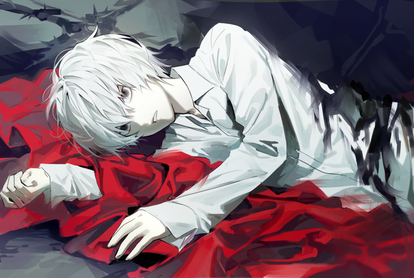 1boy, blanket, cgvske1003, collared_shirt, death_note, grey_eyes, hair_between_eyes, hashtag-only_commentary