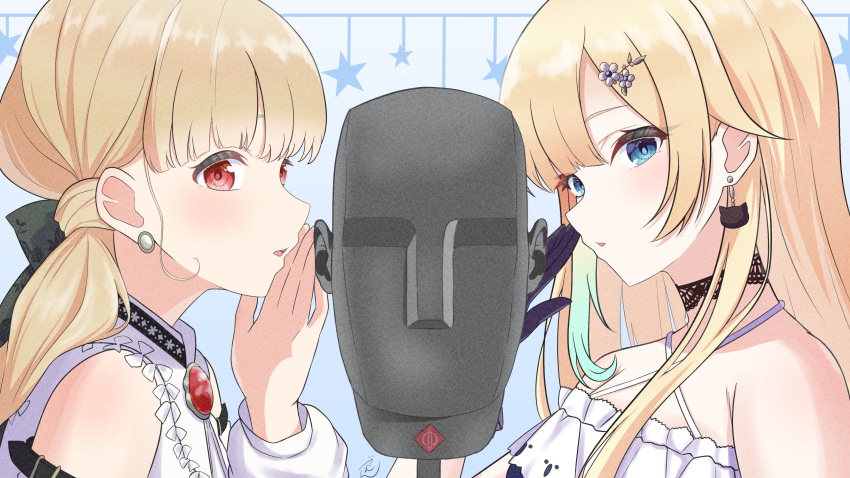 2girls, absurdres, aizawa_ema, aizawa_ema_(1st_costume), asmr, bare_shoulders, binaural_microphone, black_choker
