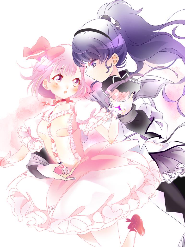 2girls, :o, akemi_homura, akemi_homura_(cosplay), argyle_clothes, argyle_footwear, arm_around_waist, asahina_mafuyu