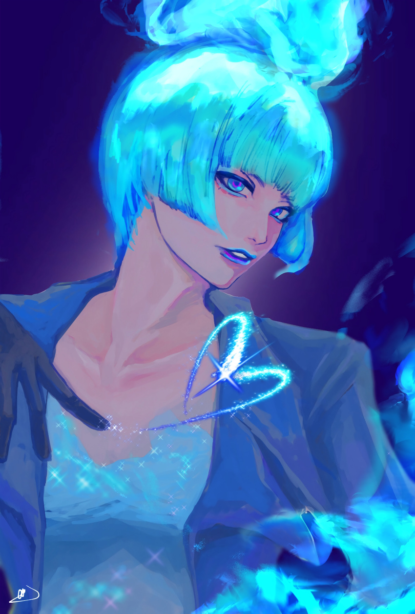 1girl, absurdres, ancient_greek_clothes, animification, ao-illust, blue_fire, blue_hair, blue_lips, closed_mouth, disneyland, fire, formal_clothes, gloves, greco-roman_clothes, highres, himation, lipstick, long_sleeves, looking_at_viewer, makeup, ms._hades, simple_background, solo, suit