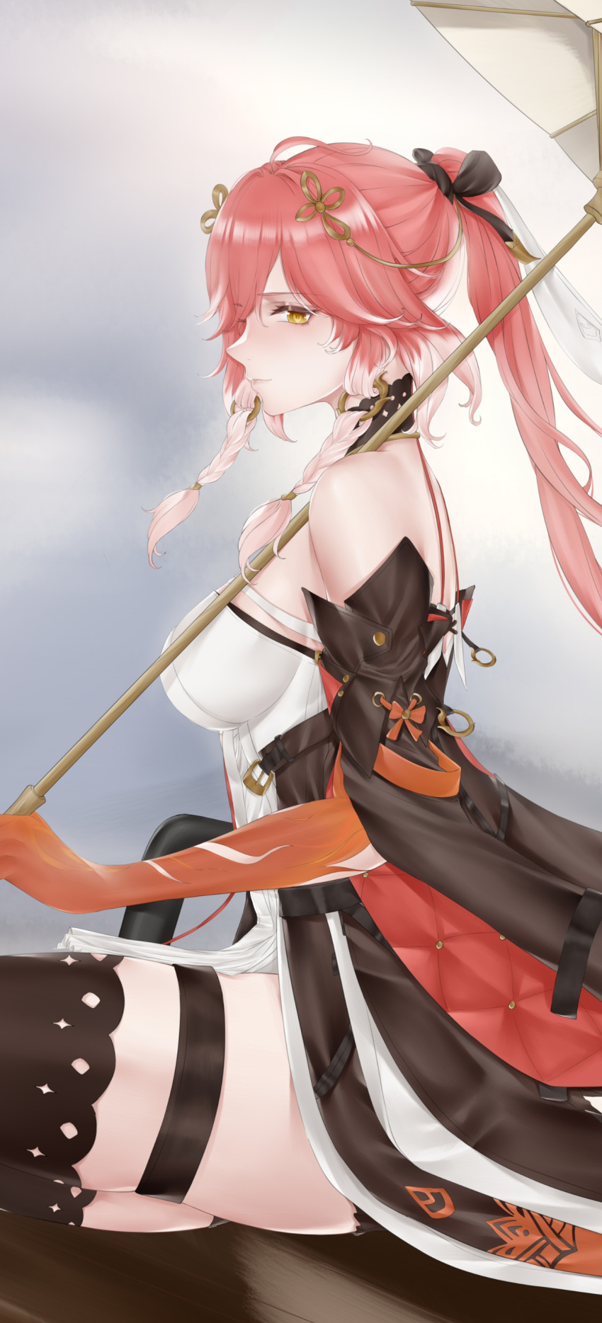 1girl, absurdres, bare_shoulders, black_thighhighs, braid, breasts, changli_(wuthering_waves), detached_sleeves, dress, from_side, hair_ornament, highres, himos, holding, holding_umbrella, long_hair, looking_at_viewer, pink_hair, ponytail, sitting, solo, thigh-highs, thigh_strap, twin_braids, umbrella, white_dress, wuthering_waves, yellow_eyes
