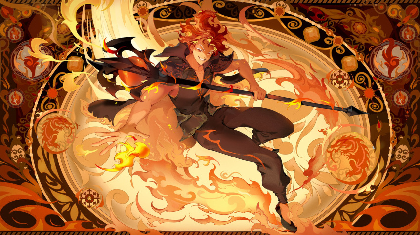 1boy, bandal, black_pants, black_shoes, collarbone, cookie_run, fiery_hair, fire