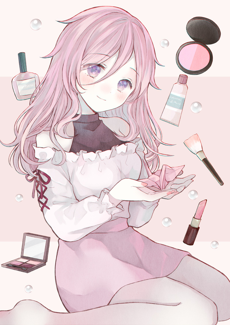 1girl, bare_shoulders, barefoot, bottle, breasts, closed_mouth, commentary_request, commission