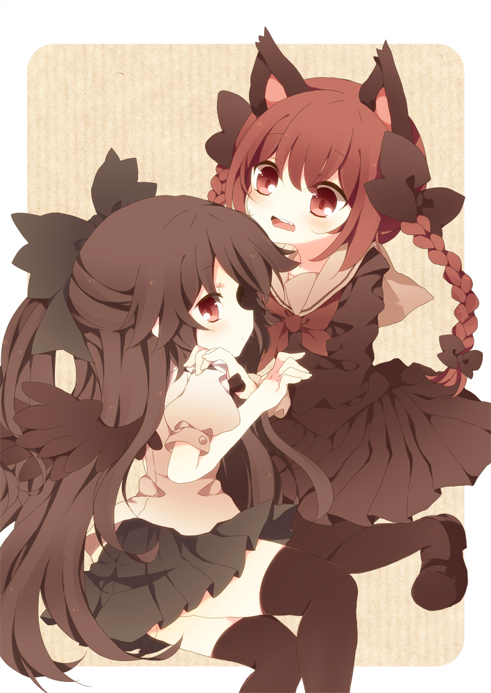 anju_(meipurusanchi), bow, braid, cat_ears, hair_bow, kaenbyou_rin, reiuji_utsuho, thighhighs