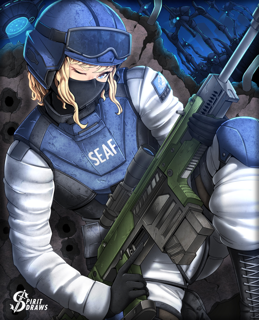 1girl, absurdres, armor, artist_name, black_gloves, blonde_hair, blue_eyes, body_armor
