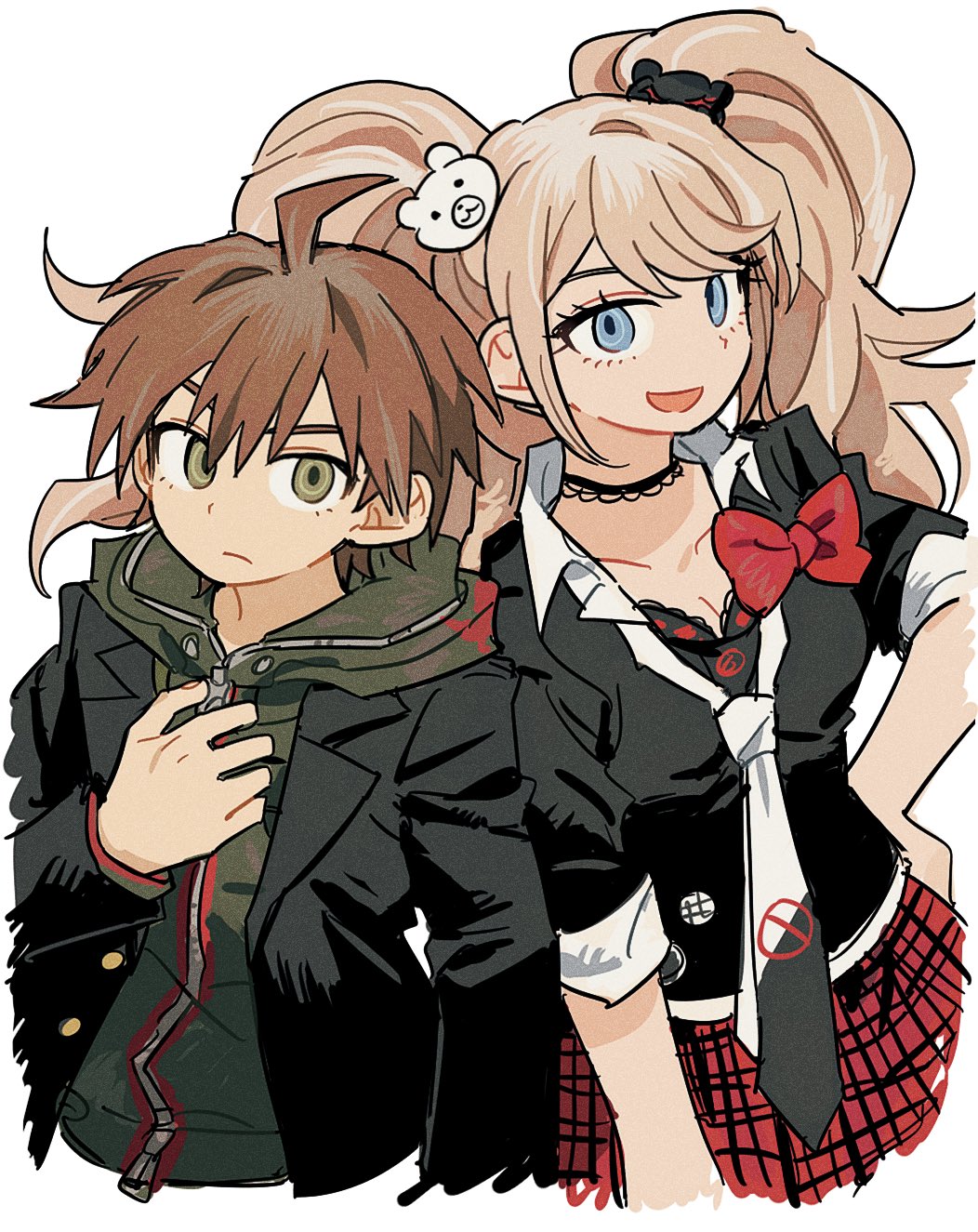 1boy, 1girl, 2hyu_00, ahoge, bear_hair_ornament, black_choker, black_jacket, blonde_hair