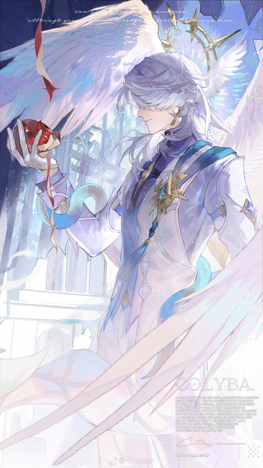 1boy, absurdres, apple, apple_peel, artist_name, blue_vest, brooch, chinese_commentary