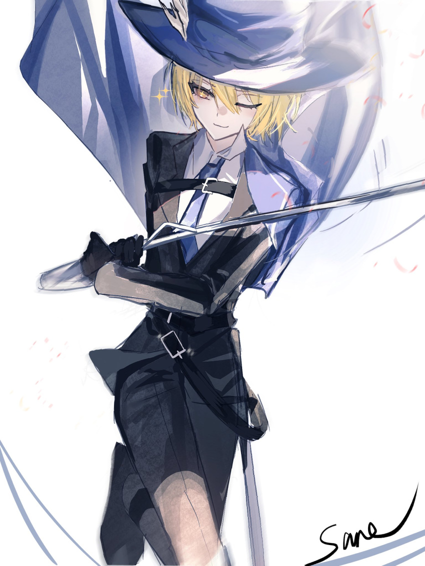 1girl, belt, black_gloves, blonde_hair, blue_cape, blue_hat, blue_necktie, cape