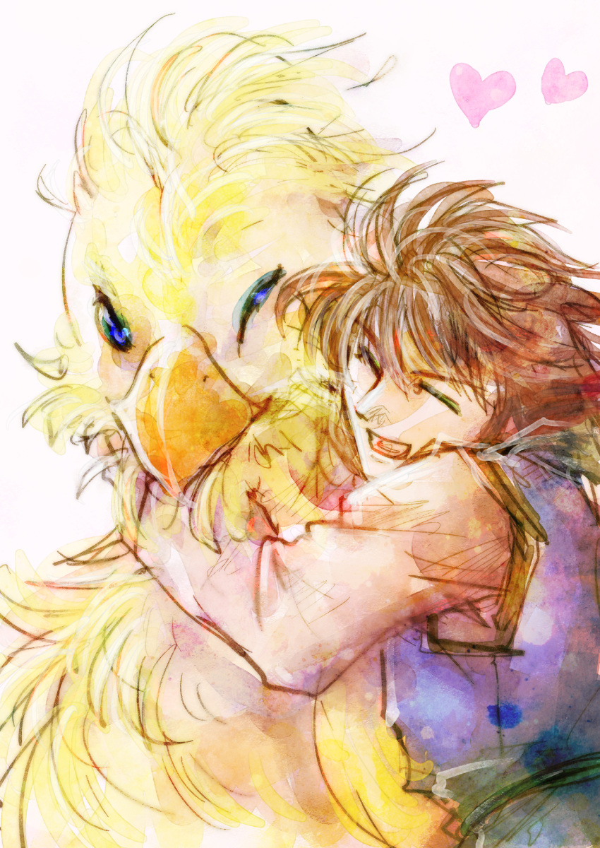 1boy, absurdres, bartz_klauser, bird, blue_tunic, boco, brown_hair, chocobo